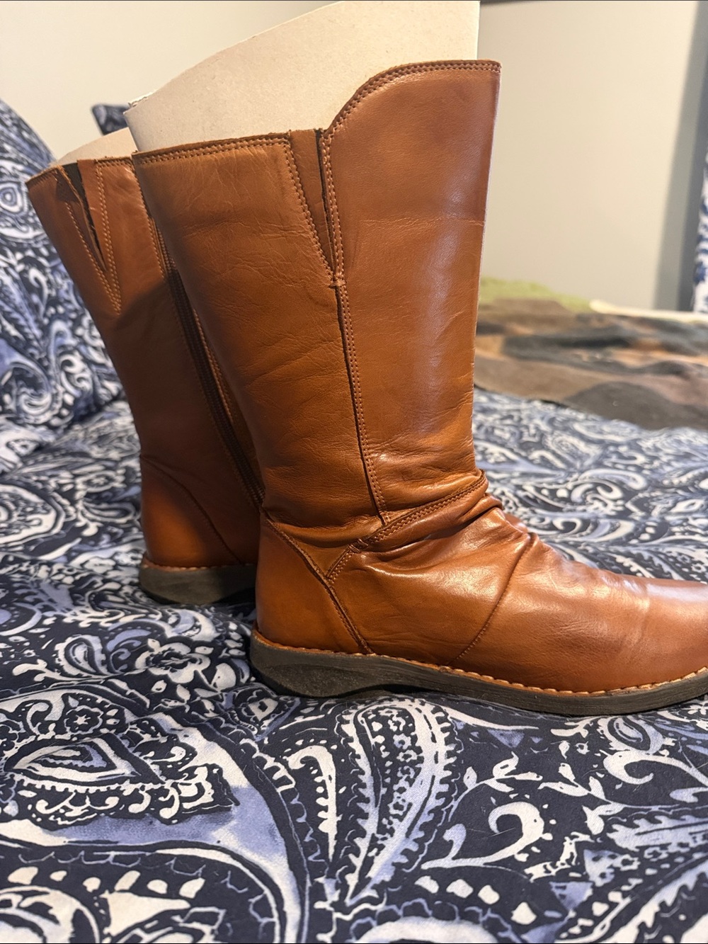 Miz Mooz Cognac Leather Midcalf Rouched Boots. NEW